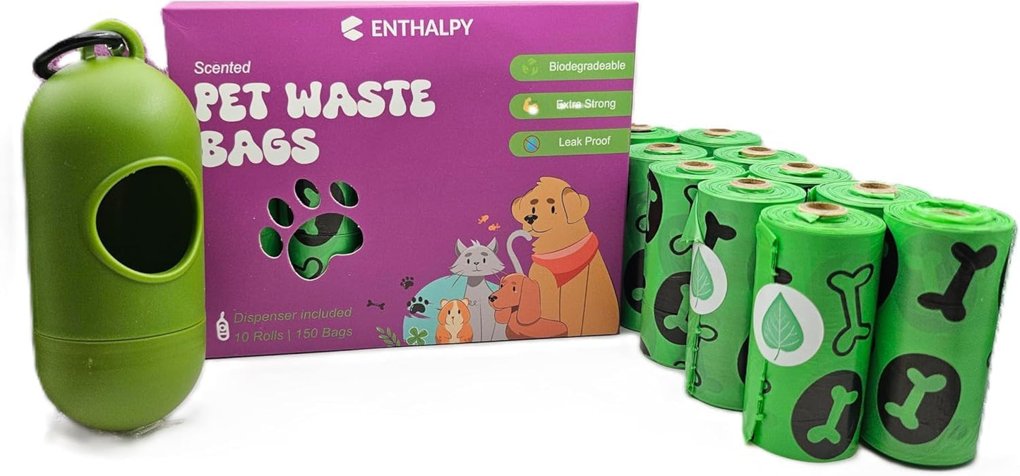Enthalpy Dog Poop Bags – 150 Count (15 Rolls), Extra-Thick, Biobased, Leak-Proof & Scented with Bonus Bag Holder