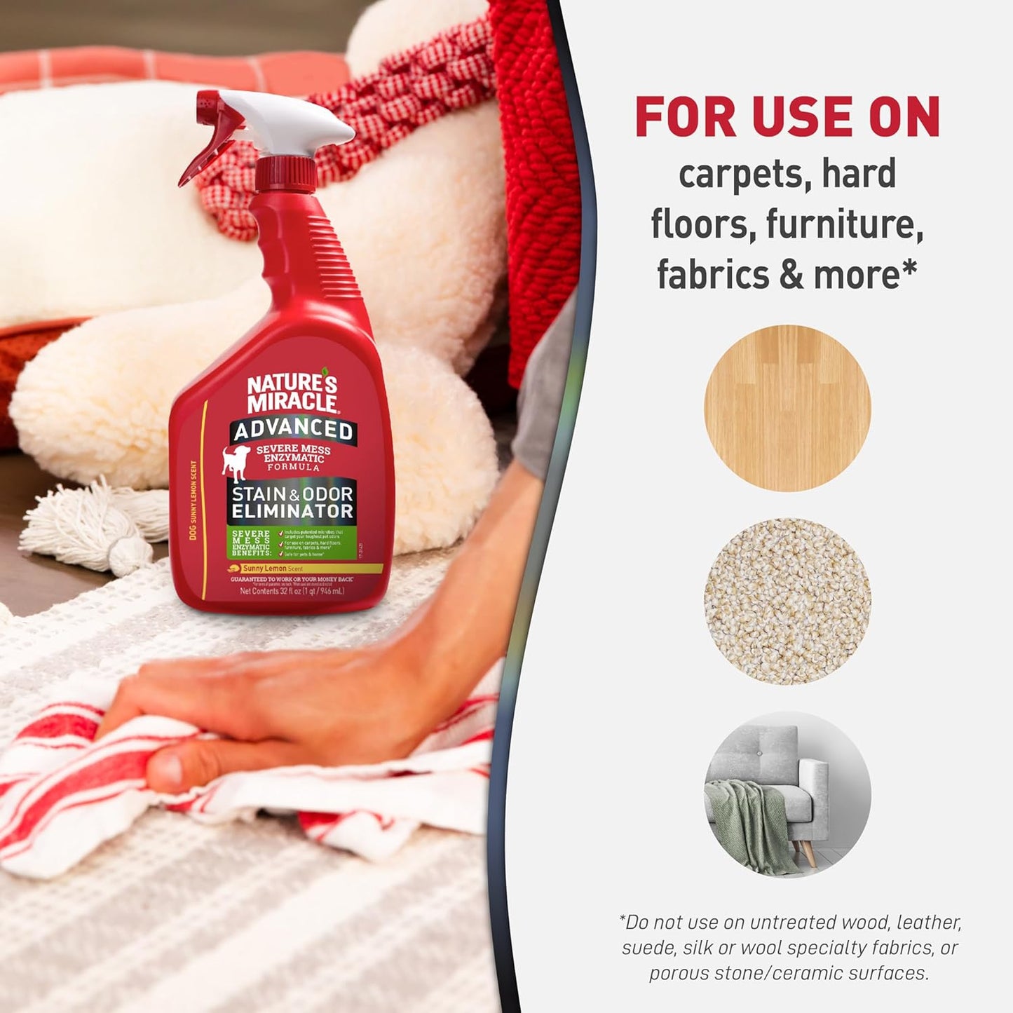 Nature’s Miracle Advanced Dog Stain & Odour Eliminator, 946ml - Enzymatic Formula, Sunny Lemon Scent, Multi-Surface Cleaner for Pet Urine, Carpet & Furniture, Trigger Spray