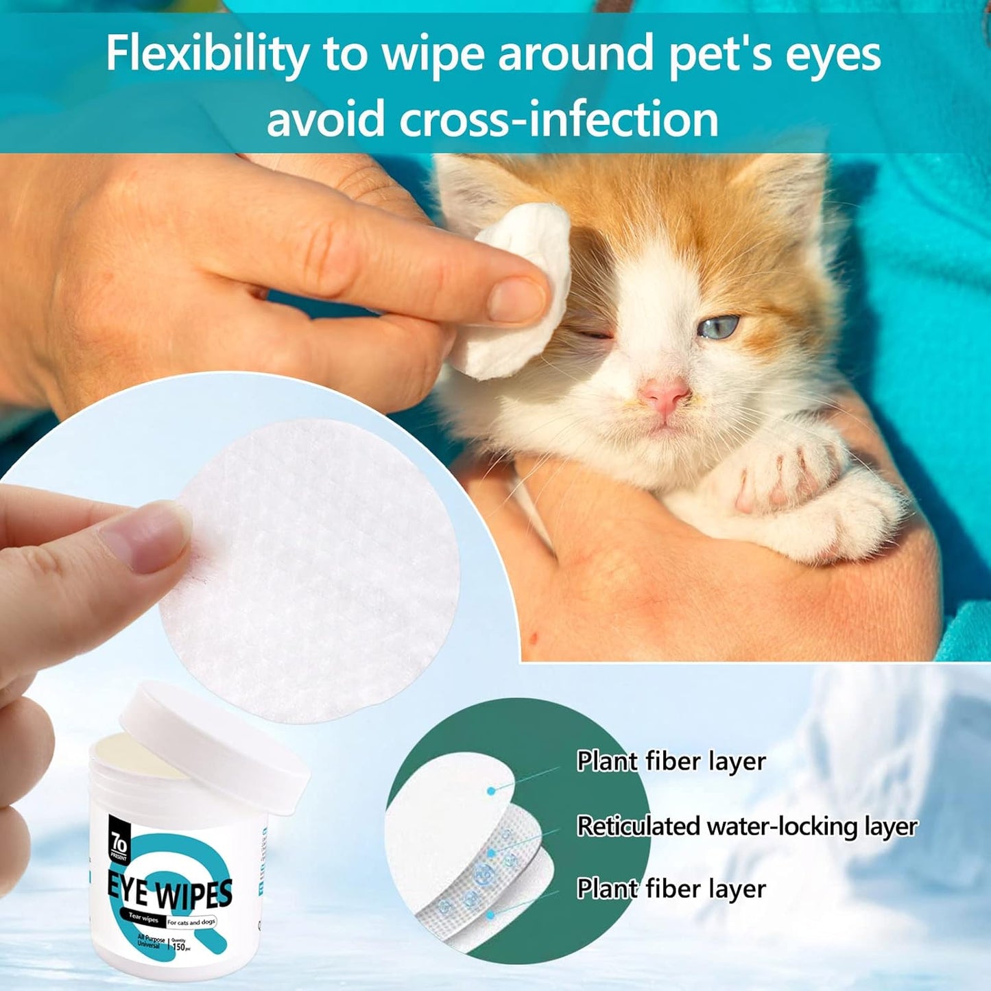 Pet Gentle Teeth Wipes 150 Pcs Hypoallergenic Grooming Wipes for Cats & Dogs, Removes Dirt, Crust, & Discharge