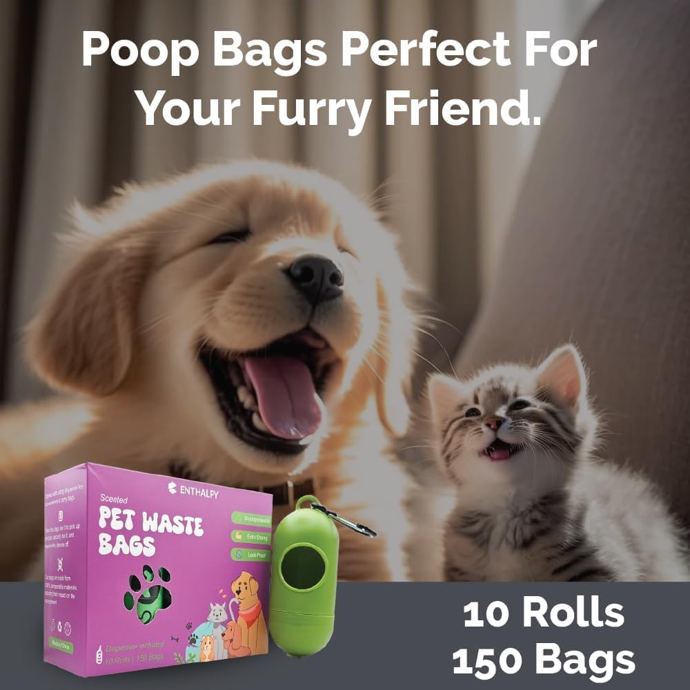 Enthalpy Dog Poop Bags – 150 Count (15 Rolls), Extra-Thick, Biobased, Leak-Proof & Scented with Bonus Bag Holder