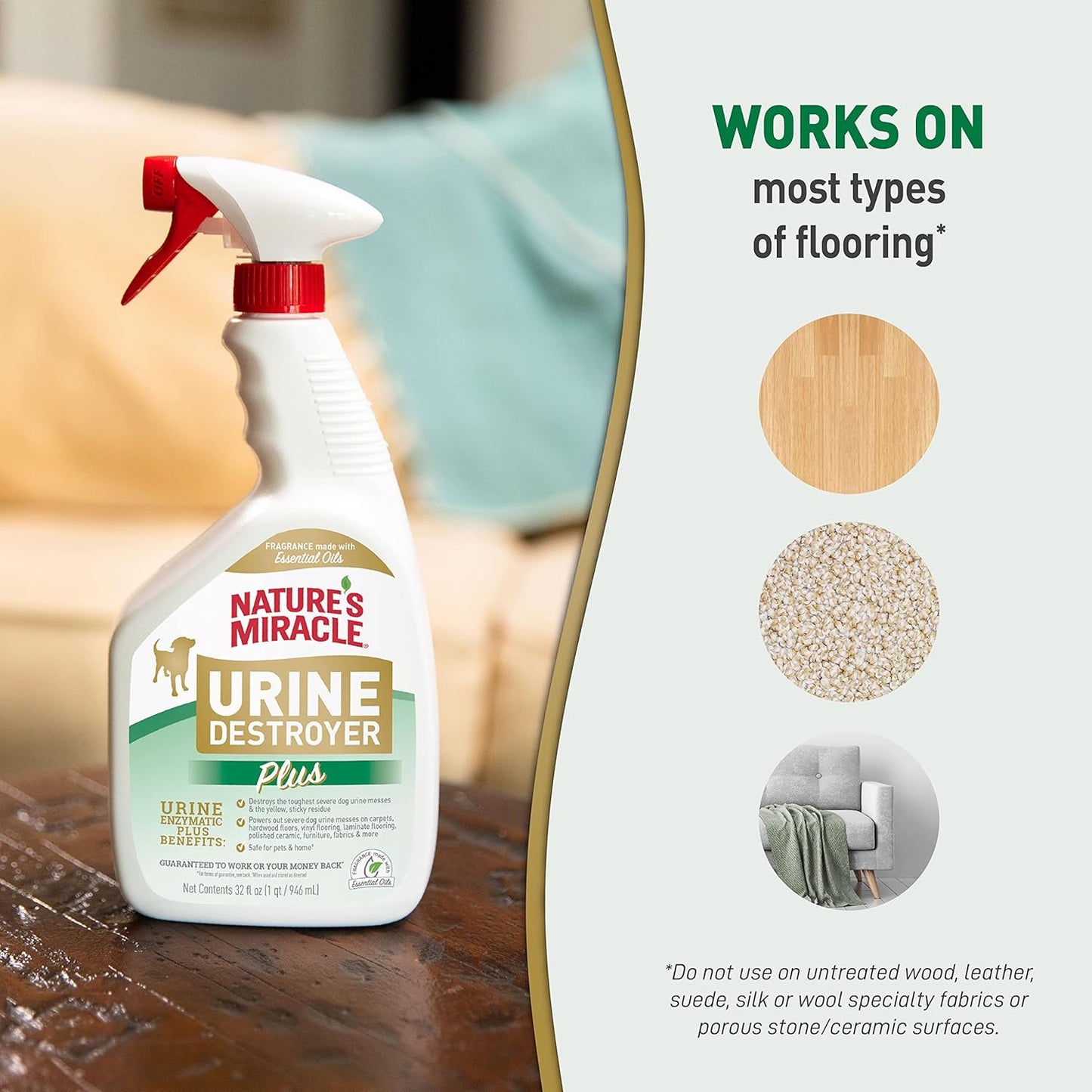 Nature’s Miracle Dog Urine Destroyer Plus, 946ml Enzymatic Formula, Removes Stains, Aloe Rain Fragrance