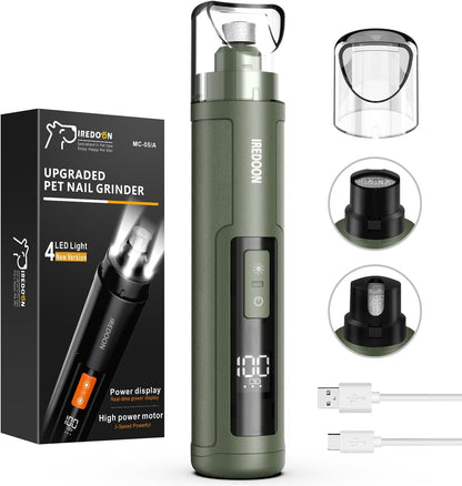 IREDOON Upgraded Dog Nail Grinder – 3-Speed, Quiet & Low Vibration with 4 LED Lights for Painless Grooming (Green)