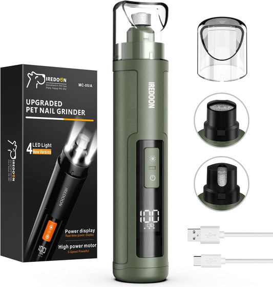 IREDOON Upgraded Dog Nail Grinder – 3-Speed, Quiet & Low Vibration with 4 LED Lights for Painless Grooming (Green)