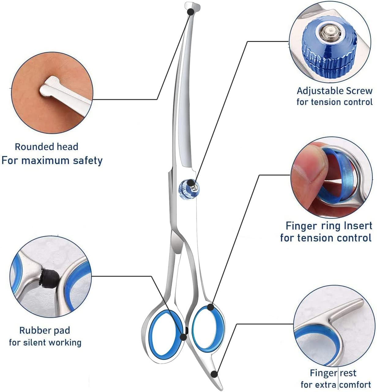 Curved Dog Grooming Scissors – Stainless Steel, Safety Round Tips, Lightweight Pet Shears for Dogs & Cats