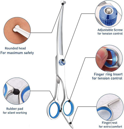 Curved Dog Grooming Scissors – Stainless Steel, Safety Round Tips, Lightweight Pet Shears for Dogs & Cats