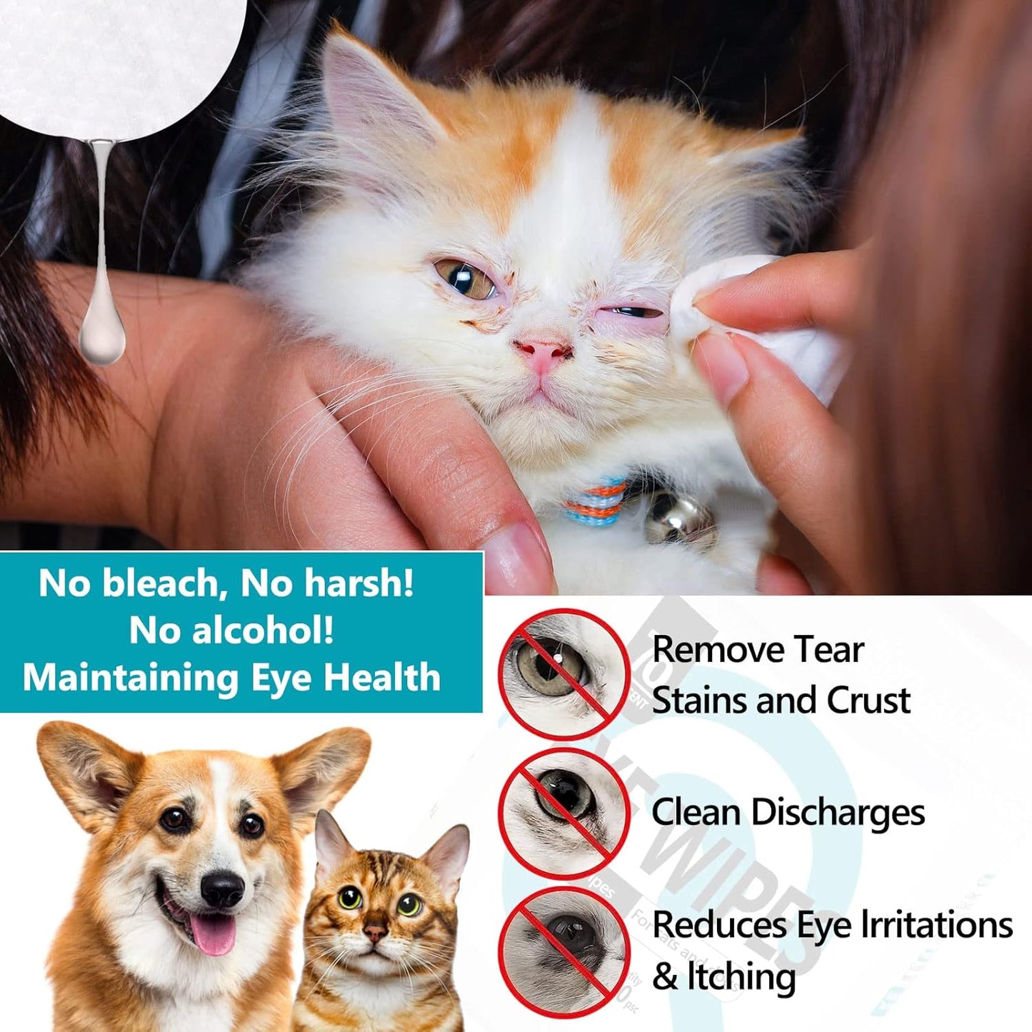 Pet Gentle Teeth Wipes 150 Pcs Hypoallergenic Grooming Wipes for Cats & Dogs, Removes Dirt, Crust, & Discharge
