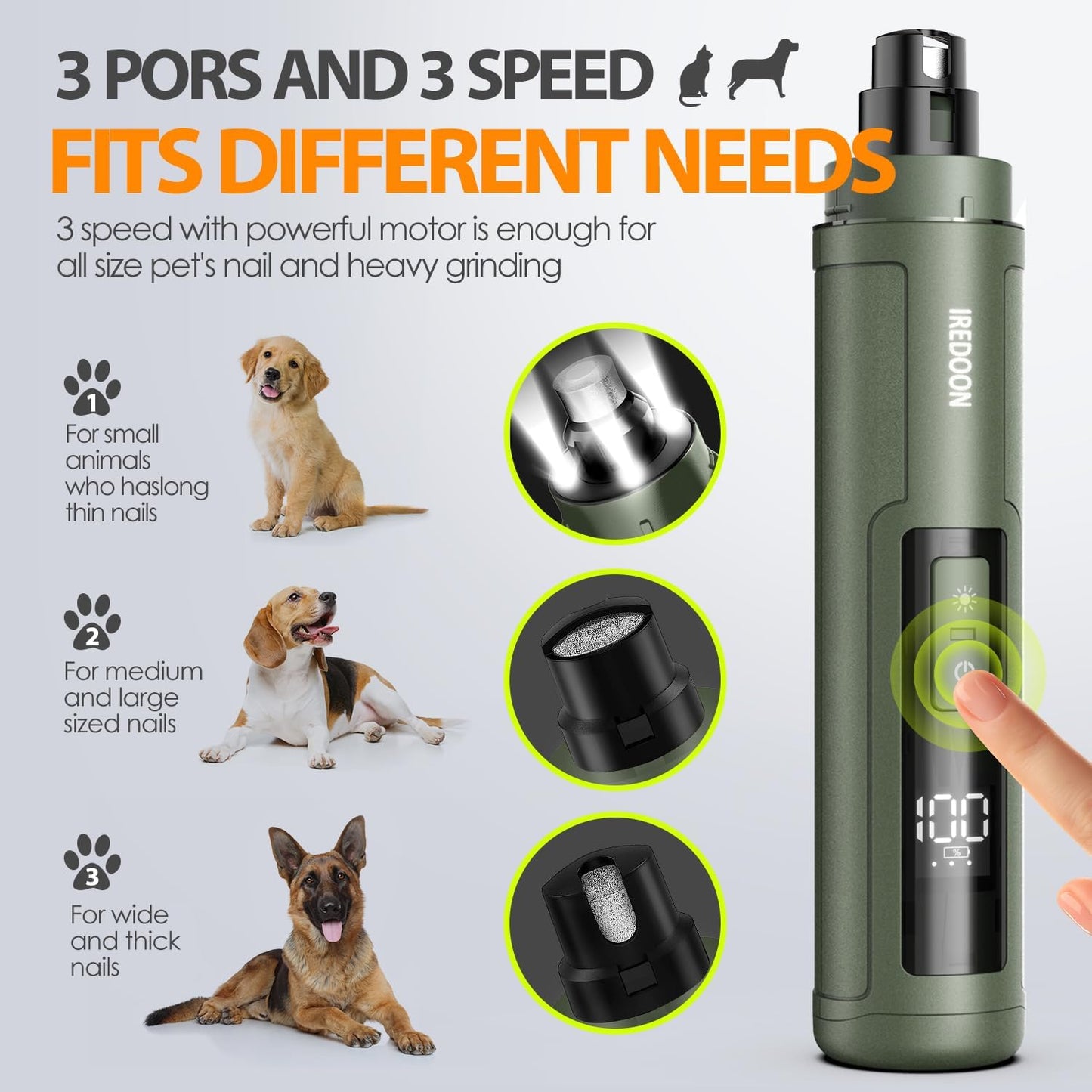 IREDOON Upgraded Dog Nail Grinder – 3-Speed, Quiet & Low Vibration with 4 LED Lights for Painless Grooming (Green)
