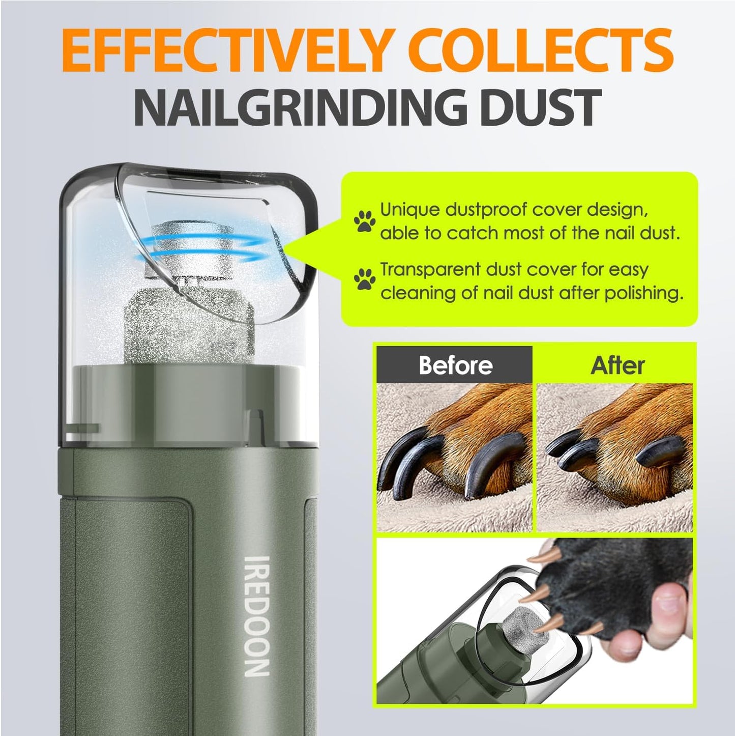 IREDOON Upgraded Dog Nail Grinder – 3-Speed, Quiet & Low Vibration with 4 LED Lights for Painless Grooming (Green)