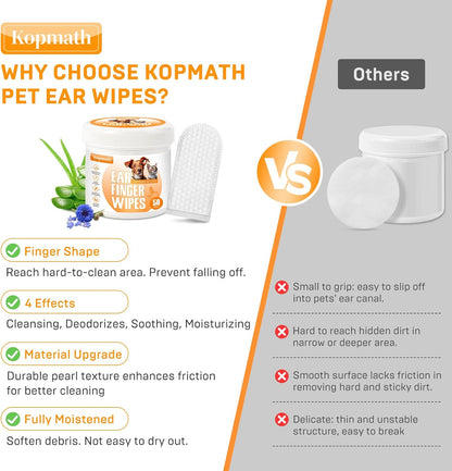 Kopmath Dog Ear Wipes 50 Disposable Wipes for Dogs & Cats, Removes Earwax, Odor, and Soothes Itching