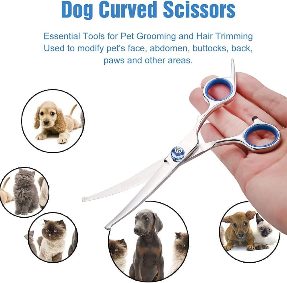 Curved Dog Grooming Scissors – Stainless Steel, Safety Round Tips, Lightweight Pet Shears for Dogs & Cats