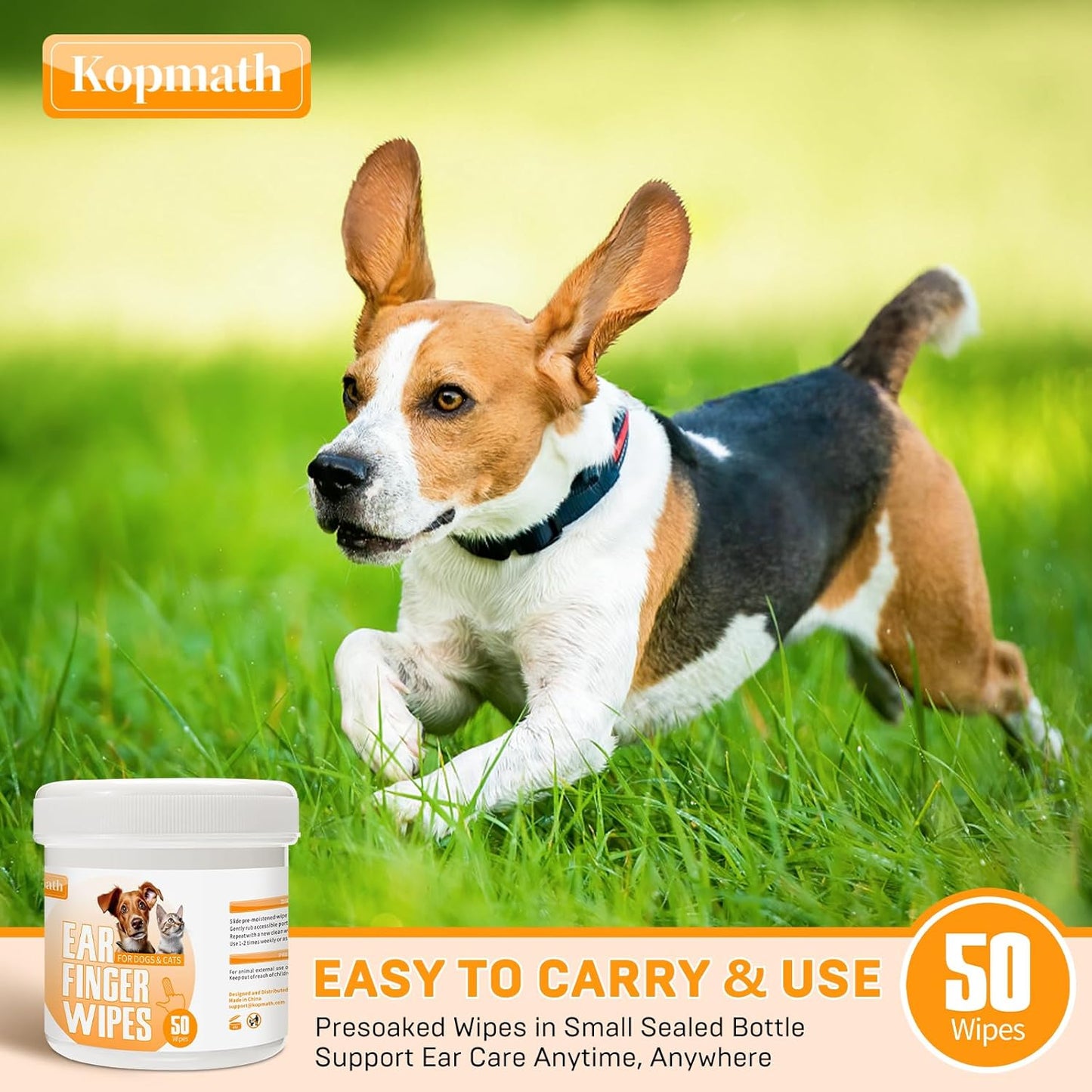 Kopmath Dog Ear Wipes 50 Disposable Wipes for Dogs & Cats, Removes Earwax, Odor, and Soothes Itching