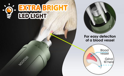 IREDOON Upgraded Dog Nail Grinder – 3-Speed, Quiet & Low Vibration with 4 LED Lights for Painless Grooming (Green)